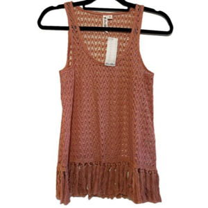 Others Follow Woman’s Medium Salmon Pink Fringe Boho Loose Open Knit Tank Top